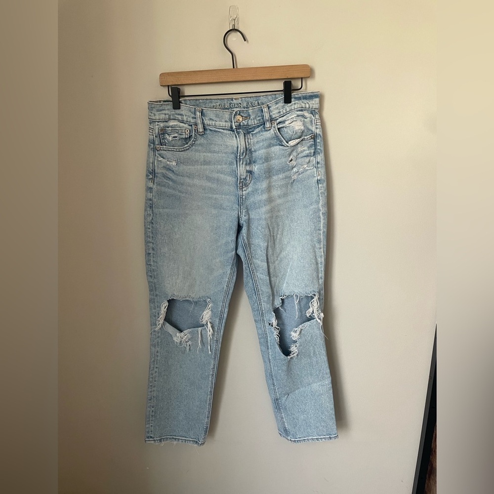 American Eagle Light Blue Distressed Super High Rise Ankle Straight Jeans